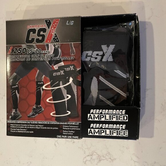 Champion CSX 250 15-20mmHg Performance Compression Calf Sleeves Black Grey L NWT - Picture 1 of 7